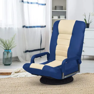 A blue and white floor chair is shown in a room with sheer curtains and a rug.