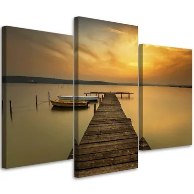Produktbild von Triptychon auf leinwand pier am see 150x100 cm Feeby braun wandbild bereit zum aufhängen