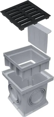 An exploded view of a drainage system component, showing its various parts separated.