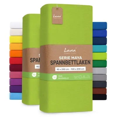 Produktbild von Lavea® 2er Pack Jersey Spannbettlaken 90/100x200 cm, 100% Baumwolle – Weiches Bettlaken für Matratzen bis 20 cm Höhe – Apfelgrün