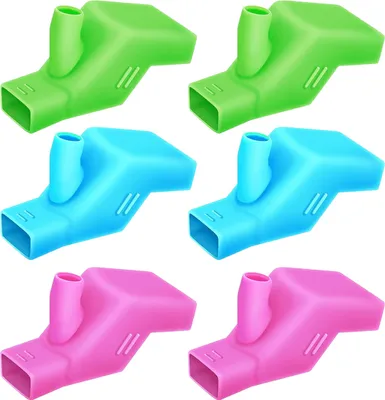 Six faucet extenders in green, blue, and pink arranged in a 2x3 grid against a white background.