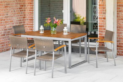 Merxx Gartenmöbelset "Silano" 7tlg. mit Ausziehtisch 150/200 x 90 cm - Aluminiumgestell Silber mit Kunststoffgeflecht Graubeige und Akazienholz
