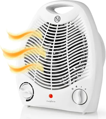 A white electric heater with orange heat waves emanating from the front.