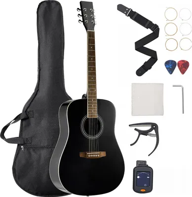 Obrázok produktu pre Akustická gitara / westernová gitara – Dreadnought – plná veľkosť 4/4 (104 cm) – sada pre začiatočníkov – pre dospelých – čierna