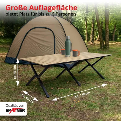 Produktbild von Grafner Campingtisch klappbar 118x58x43cm Holzoptik niedrige Ausführung, kleines Packmaß mit Tasche, stabil und tragbar, bis 50 kg, Kohlenstoffstahl, Rolltisch Klapptisch Picknick Tisch