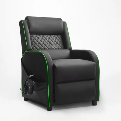A black gaming chair with green trim is shown against a white background.