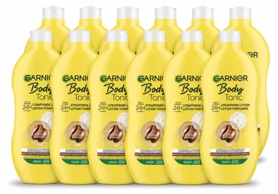 Imagen del producto de 12 unidades de la loción corporal Garnier Body Tonic, reafirmante e hidratante, de 400 ml. Paquete económico