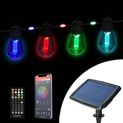 Produktbild von Intelligente Solar-Lichterkette mit 84+15 RGB-LEDs – Bluetooth-App und Fernbedienung – Solar- und USB-aufladbar – 14,5 Meter – Farbenfrohe LED-Gartenbeleuchtung mit Timer für Garten, Terrasse und Partybeleuchtung [11748]