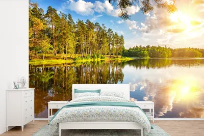 Produktbild von MuchoWow® Fototapete für Wohnzimmer oder Schlafzimmer Wandtapete Vinyl Motivtapete Wasser - Bäume - Natur - 450x300 cm - Gemusterte