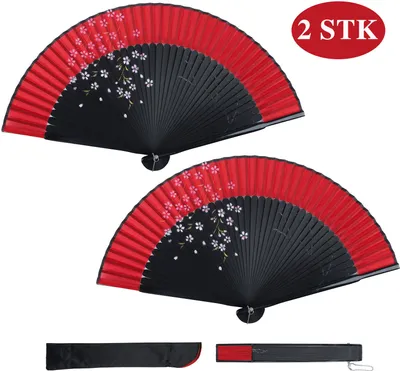 Produktbild von 2STK Handfächer Japanischer Faltfächer Klappfächer Vintage Stil Damen Herren Bambus Folding Fans Fächer für Wanddekoration Hochzeit Geschenk Muttertag Party Kostüm - Rot
