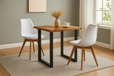 Produktbild von Essgruppe 3tlg. 80 x 80 cm Baumkante Akazie natur massiv 2x Schalenstühle Weiß U-Gestell Schwarz QUINN