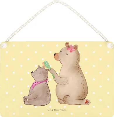 Produktbild von Mr. & Mrs. Panda Schild Bär Kind DIN A5 - Gelb Pastell - Geschenk, Holzschild, Muttertag, Familie, Mutter, Türschild, Wandbild Holz, Mutti, wandtafel, holzbild