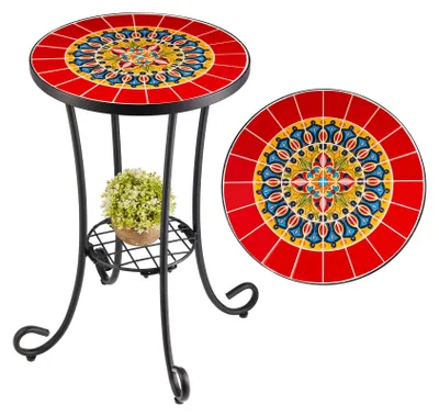 Produktbild von Runder Retro-Beistelltisch mit Mosaikplatte, Couchtisch aus Metall, 35,5 x 54,5 cm, Pflanzenständer mit Mosaikplatte (rot)