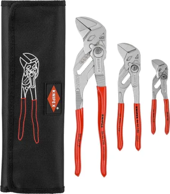 A set of three adjustable pliers and a black fabric storage pouch, laid out on a white background.
