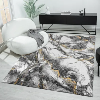 Produktbild von Moderner Teppich mit Marmor-Optik in Grau und Gold Tönen Wohnzimmer , Maße:80x150 cm