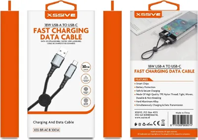 Obrázok produktu pre Rýchlonabíjací kábel USB na USB-C 18W 30 cm - Nabíjací a dátový kábel čierny