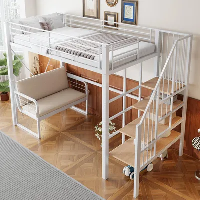 Obrázek produktu pro okwish Patrová postel 90x200, postel pro mládež s odnímatelnou pohovkou, rám postele se zábranou proti pádu a úložným prostorem, jednolůžko s kovovým rámem, bílá (bez matrace)