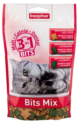 Produktbild von Beaphar Bits Mix Katzensnacks 3-in-1 Zahnpflege, Malt, Catnip 150 g