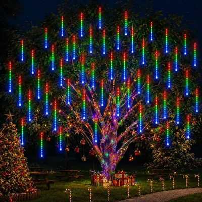 Productafbeelding van LED-lichtketting, meteorschaduweffect, waterdicht, geschikt voor buiten, kerstverlichting, bruiloft, feest, tuin, boomdecoratie, 30 cm, 8 lichtbuizen, multicolor