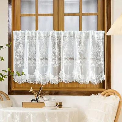 Kurzer Vorhang, Landhausstil, Häkel-Blumen, 2 x 0,65 m, Beige