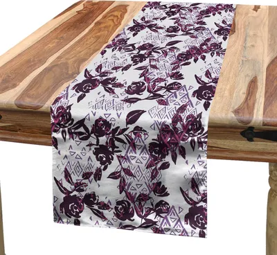 Immagine prodotto di ABAKUHAUS Runner da tavola rosa, motivo acquerellato vintage, fiori recisi e forme geometriche, 40 x 225 cm, rosa essiccata, lavanda, prugna