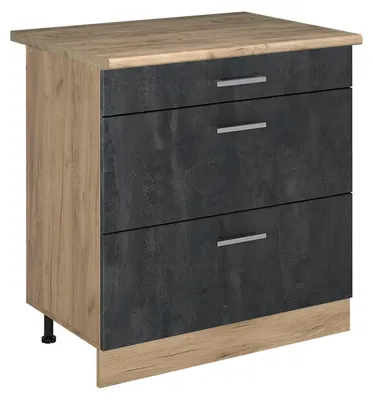 Produktbild von Küchenunterschrank Vicco R-Line Schwarz Beton/Goldkraft Eiche 80 cm mit 3 Schubladen Arbeitsplatte Goldkraft Eiche, Model 72453