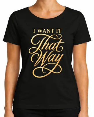 Zdjęcie produktu dla Koszulka damska, czarna, z napisem "I Want It That Way" w złotym kolorze, styl lat 90., pop, kultura, zespół muzyczny męski, rozmiar 3XL