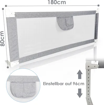 Produktbild von Jopassy Bettgitter Kinder Bettschutzgitter 180cm - Höhenverstellbar Kinderbettgitter für Familienbett und Kinderbett, Rausfallschutz für Bett, Grau
