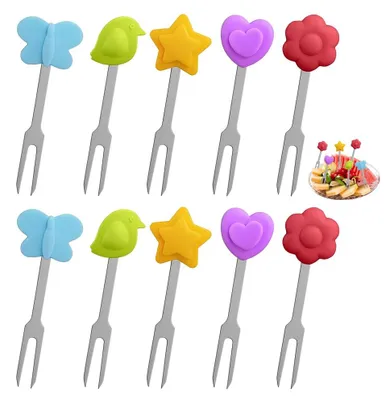 Obstgabeln 10er-Pack, Edelstahl, 7 cm, bunt, mit Silikongriff