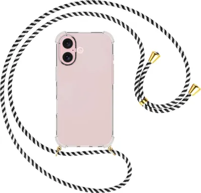 Produktbild von Handykette Backcover-Schutzhülle mit Band (Metall goldfarben) für iPhone 16 - schwarz/weiß gestreift