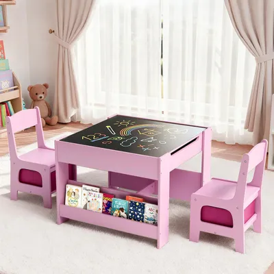Immagine prodotto di Tavolo per bambini con sedie - Set di tavolino in legno per attività - 3 pezzi - Con cassetti e spazio contenitivo - Tavolo per l'apprendimento e il gioco - 62 cm - Rosa