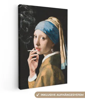 Produktbild von MuchoWow® - Leinwandbilder - Mädchen mit Perlenohrring - Johannes Vermeer - Zigaretten, Wandbild, Wanddeko Bilder Wohnzimmer, 80x120 cm