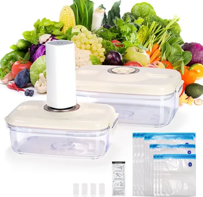 Image de Kit de récipients pour aliments sous vide, kit de démarrage de machine sous vide rectangulaire pour économiseur d'aliments, machine sous vide électrique, 2 récipients sous vide de 700 ml/1400 ml, 10 sacs de conservation