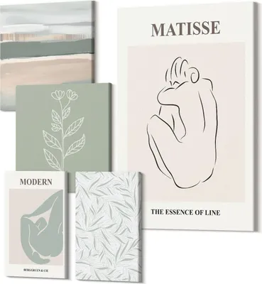 Produktbild von Wandbilder Leinwand 5-teilig – – Polycanvas Kunstdruck – Moderne Bilder für Wohnzimmer & Schlafzimmer – Aufhängefertig – 2x 30x30 cm + 2x 20x30 cm + 1x 40x60 cm – Stilvolle minimalistische Grafik mit Pflanzen- und Linienmotiven