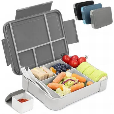 Produktbild von Brotdose Kinder mit Fächern 1330ML, Bento Box Auslaufsicher mit 6 Fächern & Besteckset, Grau