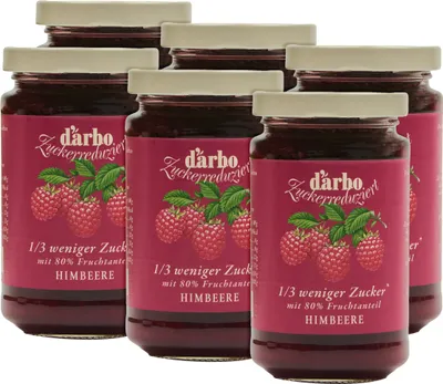 Produktbild von Food-United FRUCHTAUFSTRICH zuckerreduziert von DARBO Himbeere 6x 250g Glas fruchtiger raspberry fruit spread mit 1/3 weniger Zucker perfekt für Himberkuchen Brot und Brötchen Frühstück Porridge Quark Pudding Eiscreme Torten Füllungen Gebäck