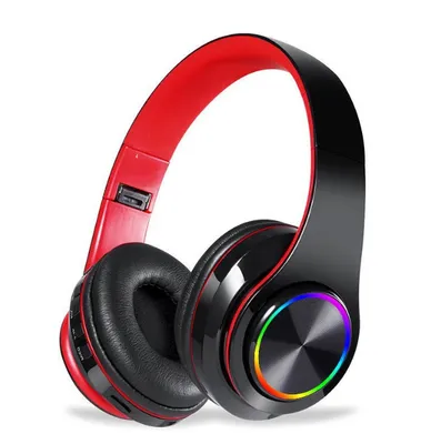 A pair of black and red over-ear headphones with colorful LED lights on the earcups, shown against a white background.