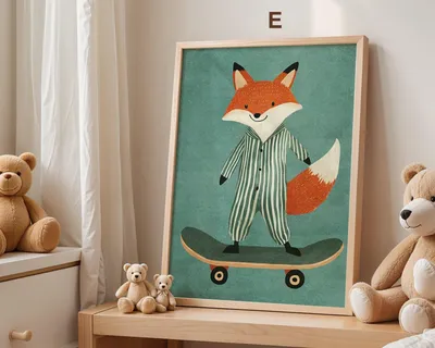 Produktbild von Skateboard Waldtiere Poster Kinderzimmer · Geschenkidee für Kinder · Fuchs Panda Bär Giraffe Faultier · Kinderzimmer Deko · Deko Print ohne Rahmen · Motiv E · 40×50cm