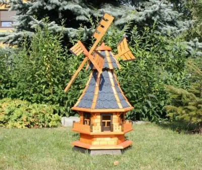 Produktbild von Gartenwindmühle kugelgelagert aus Holz mit Solarlicht blau Typ 4