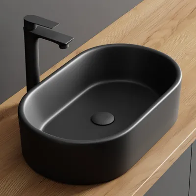 Produktbild von Planetmöbel Aquil Deluxe Waschbecken Oval 55 cm - Matt Schwarz | Aufsatzwaschbecken für Badezimmer und Gäste-WC