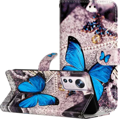 Produktbild von CLM-Tech Hülle kompatibel mit Xiaomi 12 Lite - Tasche aus Kunstleder - Klapphülle mit Ständer und Kartenfächern, blauer Schmetterling