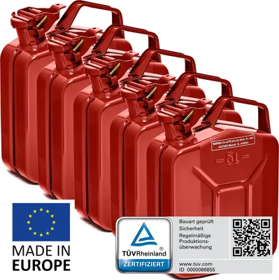 Produktbild von BW® Kraftstoffkanister Metall Benzinkanister 5x 5 Liter - Rot RAL 3000 - UN-Zulassung - Hergestellt in Europa