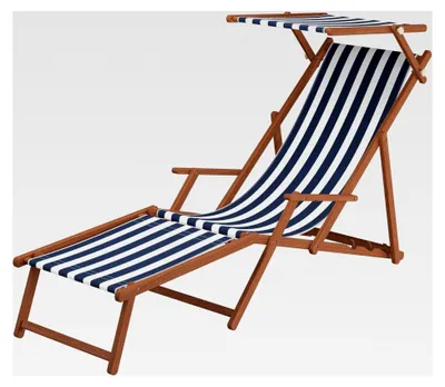 Produktbild von Liegestuhl blau-weiß Gartenliege Deckchair mit Fußablage und Sonnendach