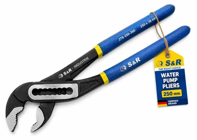 Imagen del producto de Alicate para bombas de agua S&R, acero CR-V templado, fosfatado, con mangos de doble capa, dimensiones 250 x 36 mm, apertura máxima 55 mm. Alicate para fontanería, ideal para mantenimiento, montaje y trabajos en la industria