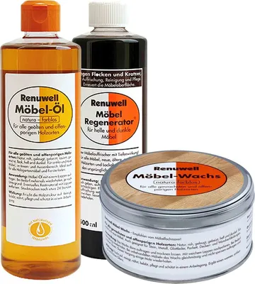 Produktbild von Renuwell Möbel Öl 500 ml - Regenerator 500 ml - Wachs 500 ml Spar-Set