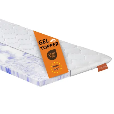 A gel foam topper is shown diagonally on a white background, with a tag attached.
