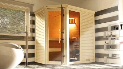 Produktbild von weka Design-Massivholzsauna CUBILIS ECK 1 inkl. Sauna-Leuchtenset, Lieferung und Montage x B x T x H  x 195 x 145 x 205