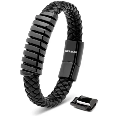 Image de SERASAR | Bracelet en cuir pour homme [Helix] en acier inoxydable | Couleur : Noir | Longueur : 23cm
