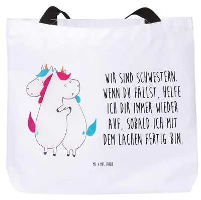 Produktbild von Mr. & Mrs. Panda Strandtasche Einhörner Umarmen - Weiß - Geschenk, Laptoptasche, Sister, Unicorn, Tragetasche, Tasche, Geschwister, Tote Bag, Familie, Schultasche, Liebe