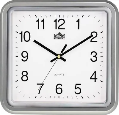 Obrázek produktu pro MPM-Quality Elpen – Nástěnné pravoúhlé hodiny plastové se sklem, tichý plynulý chod, stříbrné, 29×30 cm, arabské číslice, quartz strojek